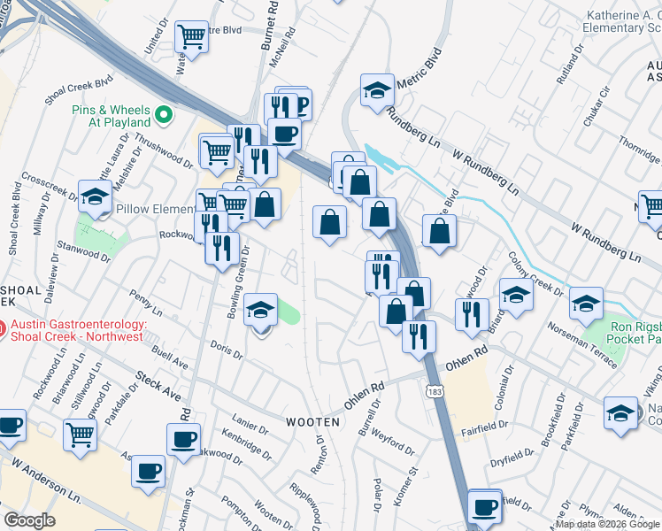 map of restaurants, bars, coffee shops, grocery stores, and more near 8625 Fireside Drive in Austin