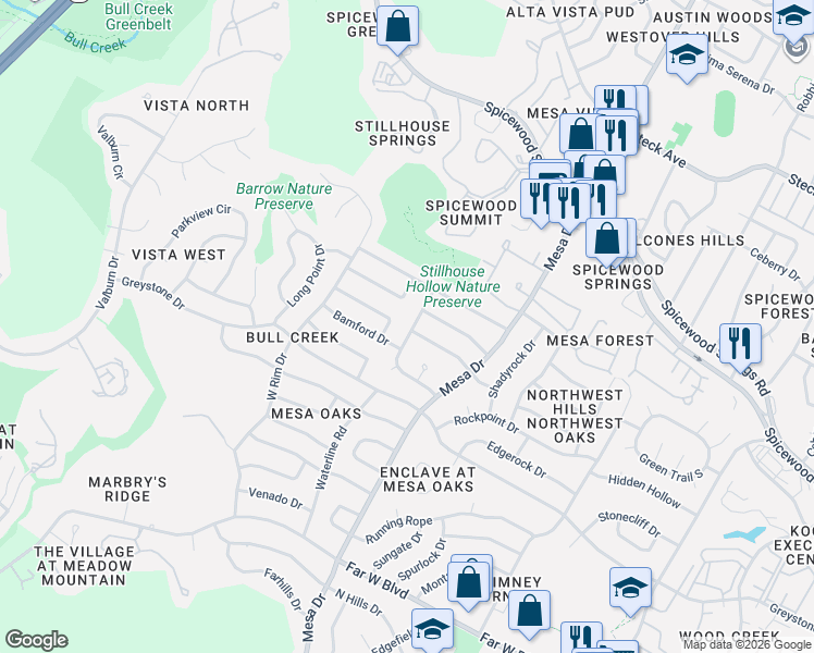 map of restaurants, bars, coffee shops, grocery stores, and more near 7618 Rustling Road in Austin