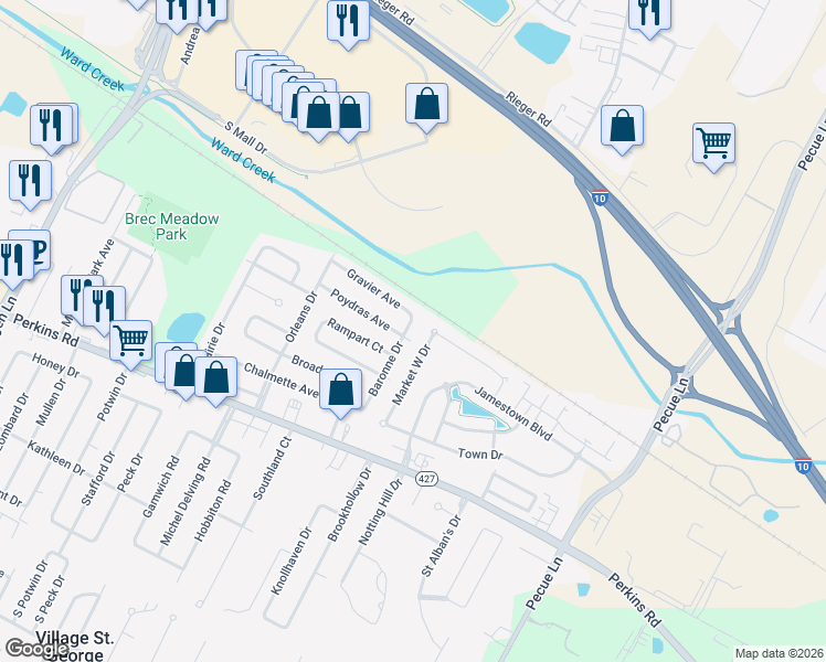 map of restaurants, bars, coffee shops, grocery stores, and more near 14165 Poydras Avenue in Baton Rouge