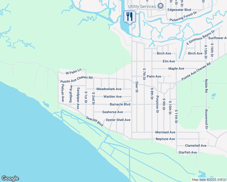 map of restaurants, bars, coffee shops, grocery stores, and more near 9113 Meadowlark Avenue in Ocean Springs