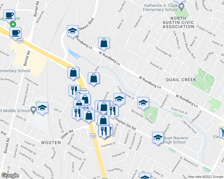 map of restaurants, bars, coffee shops, grocery stores, and more near 9039 Galewood Drive in Austin