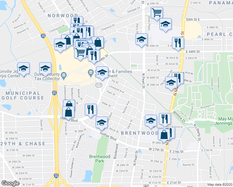 map of restaurants, bars, coffee shops, grocery stores, and more near 615 Fern Street in Jacksonville