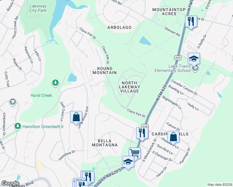 map of restaurants, bars, coffee shops, grocery stores, and more near 115 Bellagio Drive in Austin