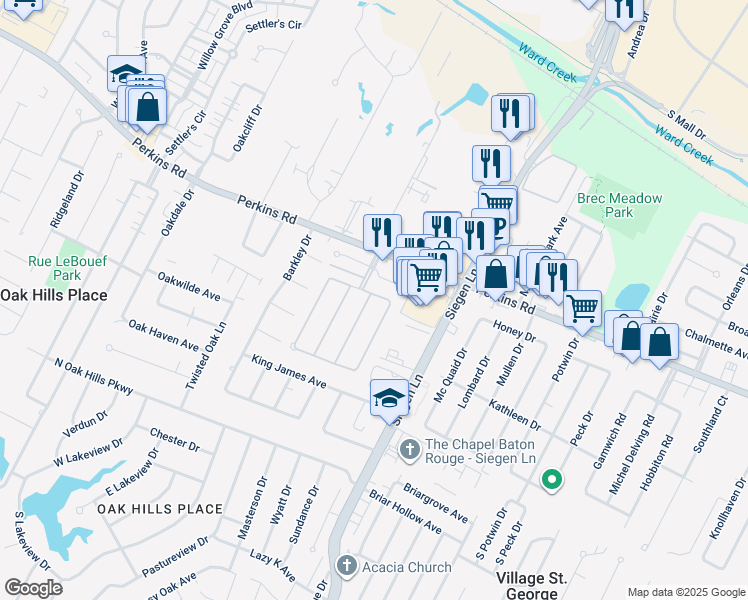map of restaurants, bars, coffee shops, grocery stores, and more near 850 Troutbeck Drive in Baton Rouge