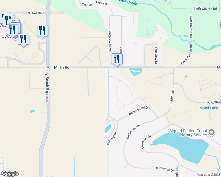 map of restaurants, bars, coffee shops, grocery stores, and more near 9750 Fairway Drive in Foley