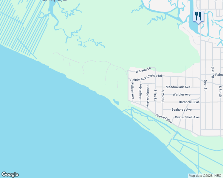 map of restaurants, bars, coffee shops, grocery stores, and more near 9805 Pointe Aux Chenes Road in Ocean Springs