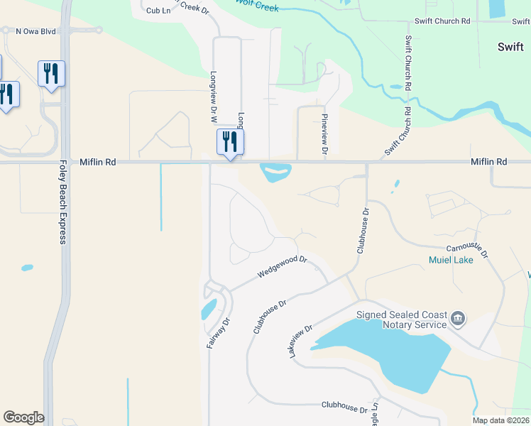 map of restaurants, bars, coffee shops, grocery stores, and more near 22617 Inverness Way in Foley