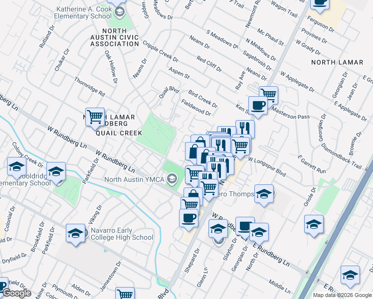 map of restaurants, bars, coffee shops, grocery stores, and more near 900 Quail Forest Cove in Austin