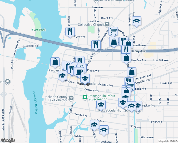 map of restaurants, bars, coffee shops, grocery stores, and more near 808 Krebs Avenue in Pascagoula