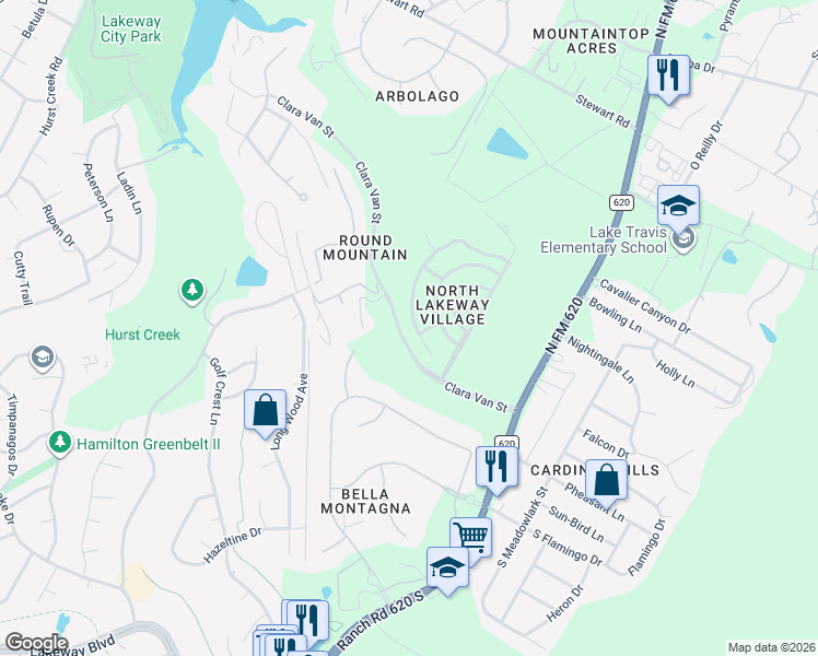 map of restaurants, bars, coffee shops, grocery stores, and more near 115 Bellagio Drive in Austin