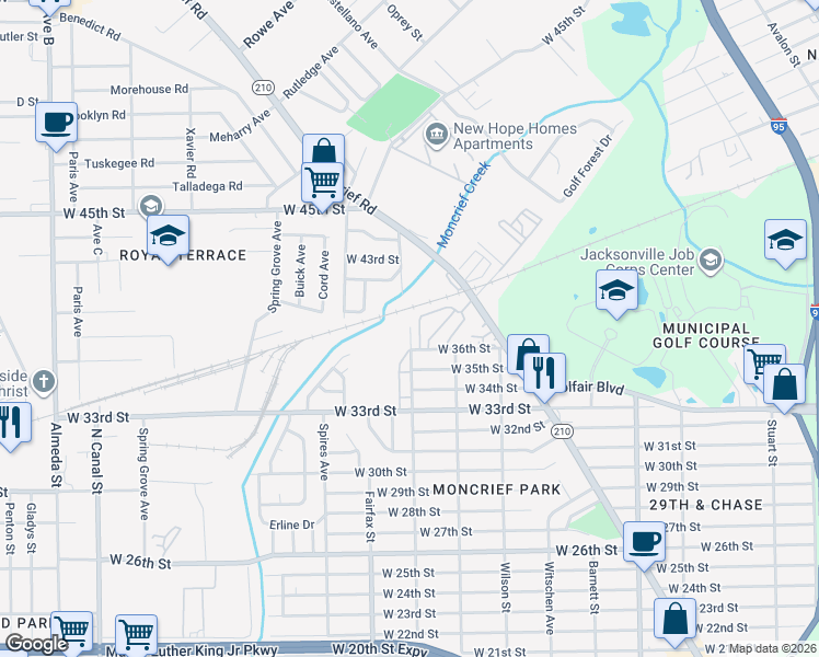 map of restaurants, bars, coffee shops, grocery stores, and more near 4700 Pearce Street in Jacksonville