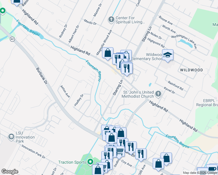 map of restaurants, bars, coffee shops, grocery stores, and more near 337 Bonarbridge Drive in Baton Rouge