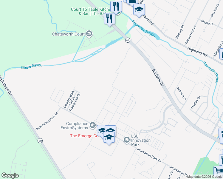map of restaurants, bars, coffee shops, grocery stores, and more near 940 Shadow Bluff Drive in Baton Rouge