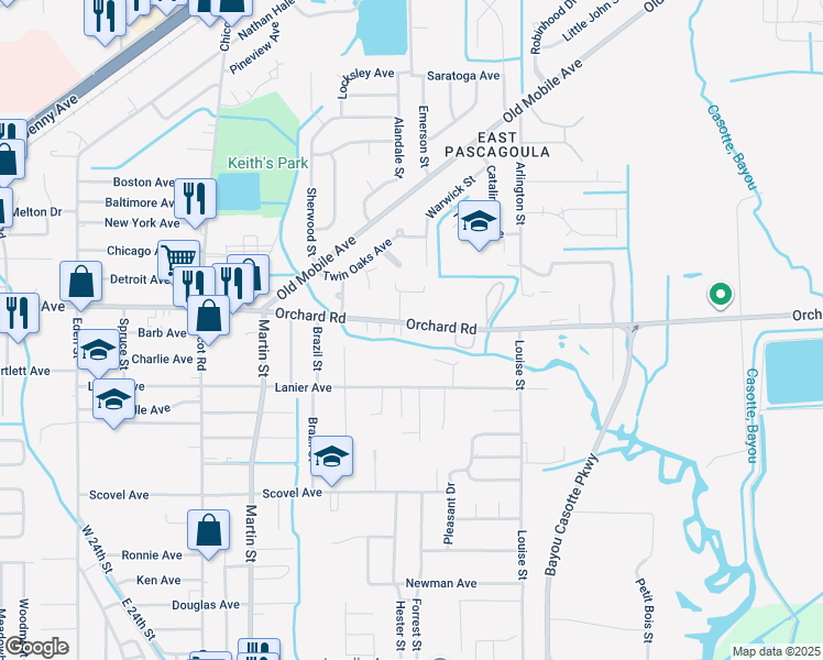 map of restaurants, bars, coffee shops, grocery stores, and more near 4408 Orchard Road in Pascagoula