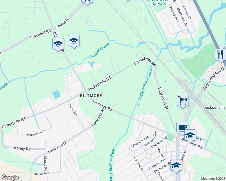 map of restaurants, bars, coffee shops, grocery stores, and more near 5715 Old Kings Road in Jacksonville