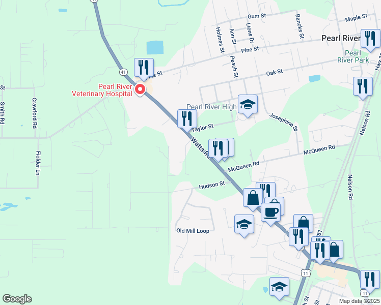map of restaurants, bars, coffee shops, grocery stores, and more near 64373 Johnston Road in Pearl River