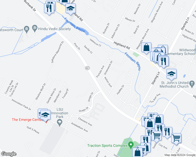 map of restaurants, bars, coffee shops, grocery stores, and more near 759 Portula Avenue in Baton Rouge