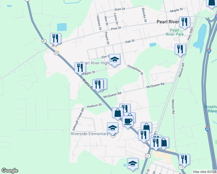 map of restaurants, bars, coffee shops, grocery stores, and more near 171 Lesley Lane in Pearl River