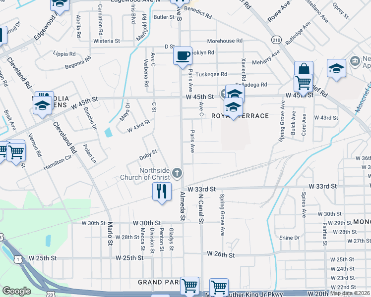 map of restaurants, bars, coffee shops, grocery stores, and more near 4990 Avenue B in Jacksonville