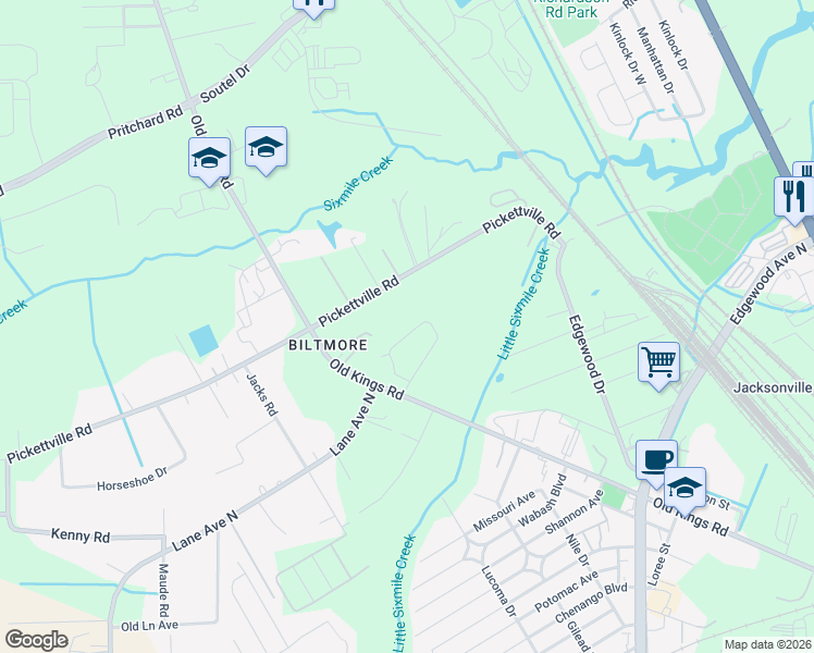 map of restaurants, bars, coffee shops, grocery stores, and more near 5715 Old Kings Road in Jacksonville