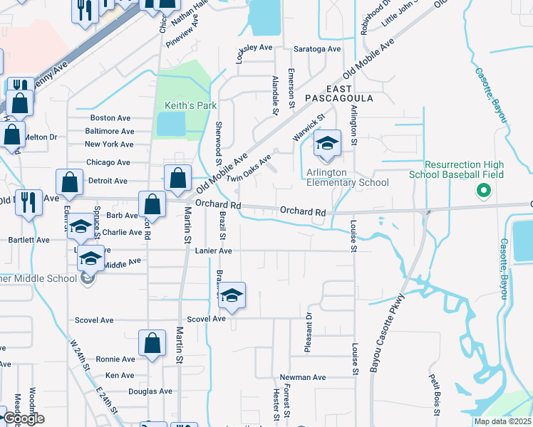 map of restaurants, bars, coffee shops, grocery stores, and more near 4408 Orchard Road in Pascagoula