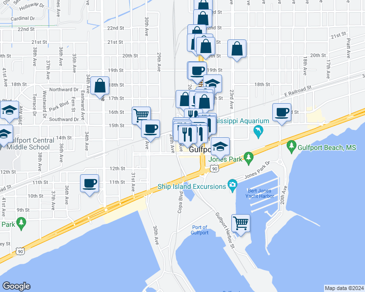 map of restaurants, bars, coffee shops, grocery stores, and more near 1301 26th Avenue in Gulfport