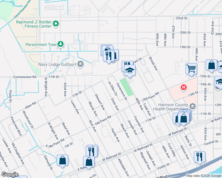 map of restaurants, bars, coffee shops, grocery stores, and more near 1426 Jo Ellen Circle in Gulfport