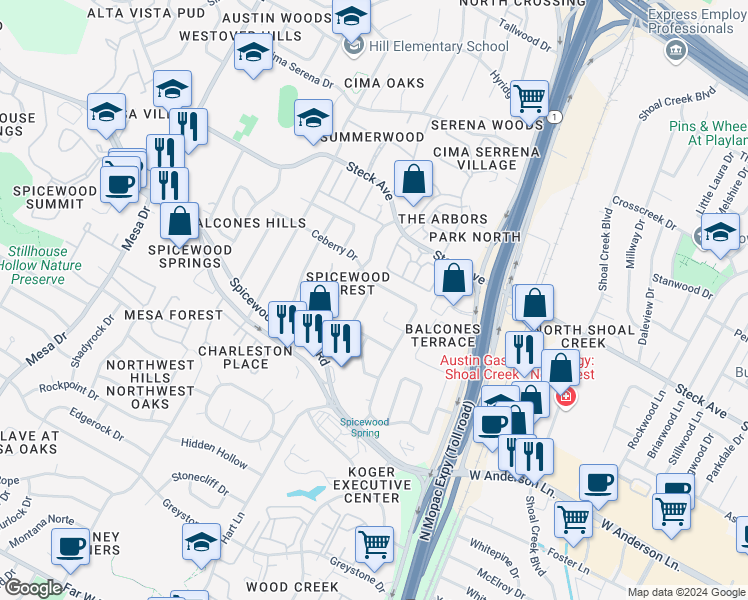 map of restaurants, bars, coffee shops, grocery stores, and more near 3615 Summit Bend in Austin