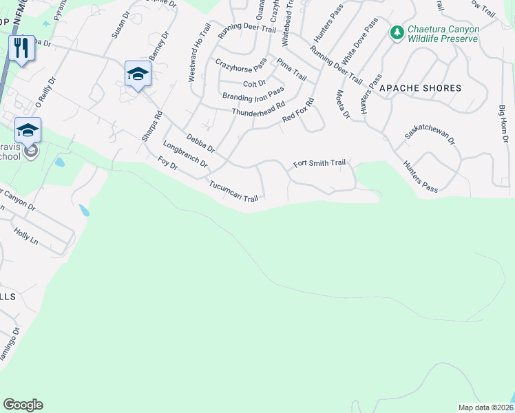 map of restaurants, bars, coffee shops, grocery stores, and more near 14407 Tucumcari Trail in Austin