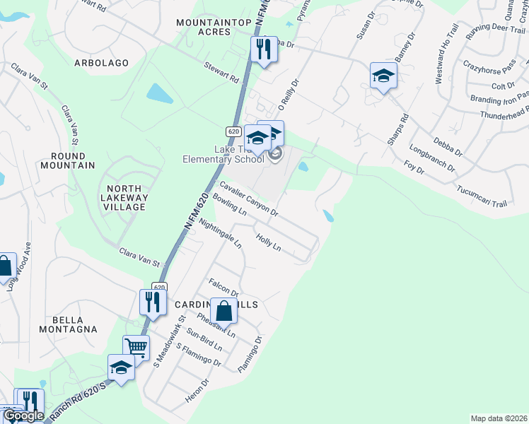 map of restaurants, bars, coffee shops, grocery stores, and more near 15109 Cavalier Canyon Drive in Lakeway