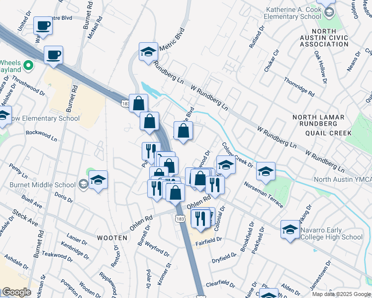 map of restaurants, bars, coffee shops, grocery stores, and more near 8801 Research Boulevard in Austin