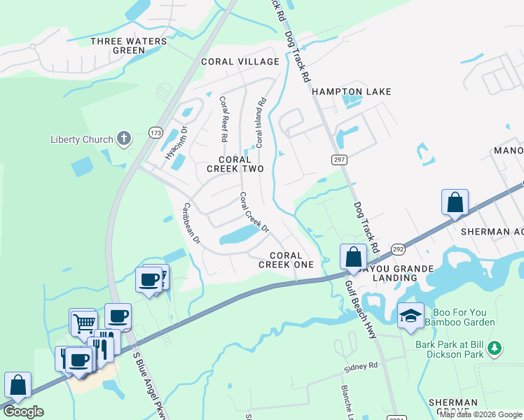 map of restaurants, bars, coffee shops, grocery stores, and more near 1903 Coral Island Road in Pensacola