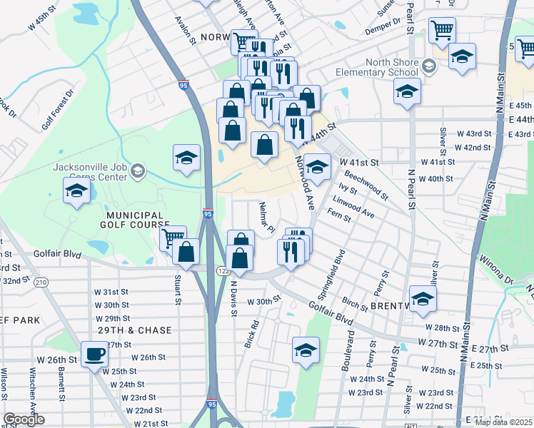 map of restaurants, bars, coffee shops, grocery stores, and more near 4705 Nelmar Place in Jacksonville
