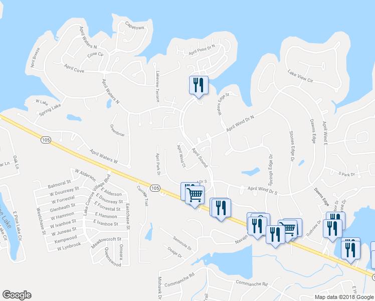 map of restaurants, bars, coffee shops, grocery stores, and more near 99 April Wind Court in Montgomery