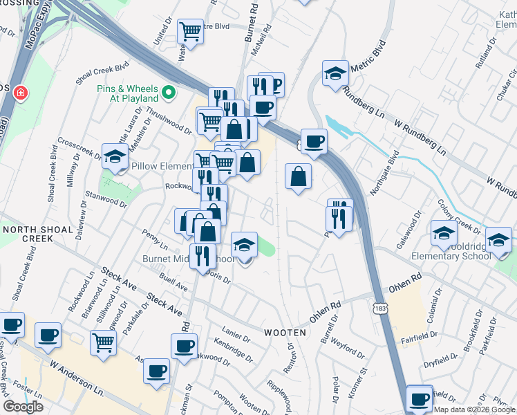 map of restaurants, bars, coffee shops, grocery stores, and more near 2106 Colfax Avenue in Austin
