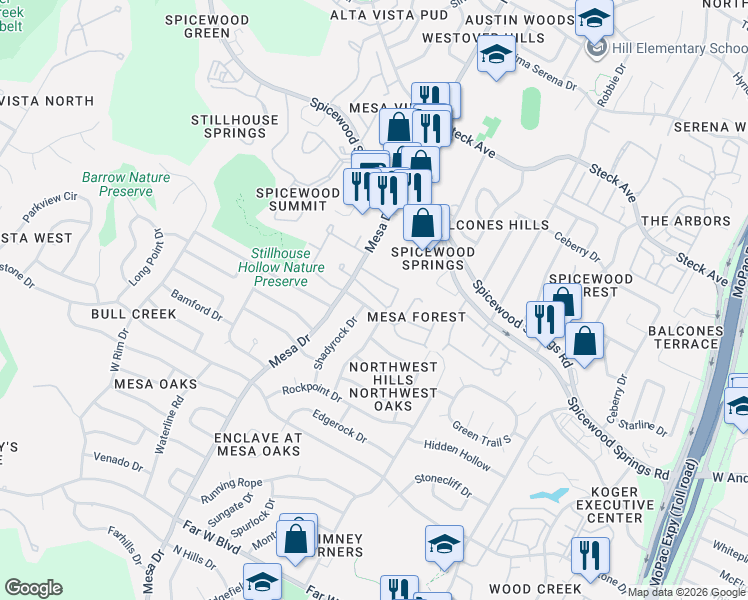 map of restaurants, bars, coffee shops, grocery stores, and more near 7915 Mesa Trails Circle in Austin