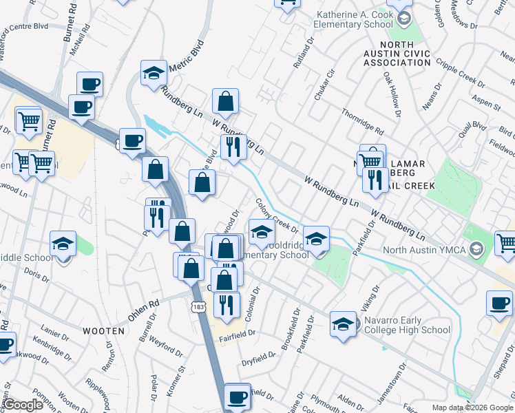 map of restaurants, bars, coffee shops, grocery stores, and more near 1700 Colony Creek Drive in Austin