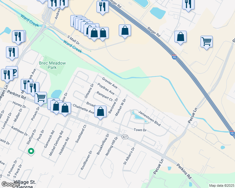 map of restaurants, bars, coffee shops, grocery stores, and more near 14165 Poydras Avenue in Baton Rouge