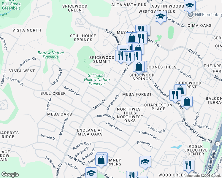 map of restaurants, bars, coffee shops, grocery stores, and more near 7800 Mesa Drive in Austin