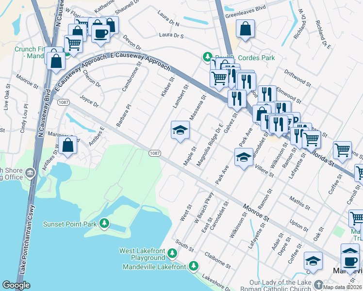 map of restaurants, bars, coffee shops, grocery stores, and more near 519 Massena Street in Mandeville