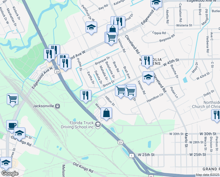 map of restaurants, bars, coffee shops, grocery stores, and more near 3109 West 45th Street in Jacksonville