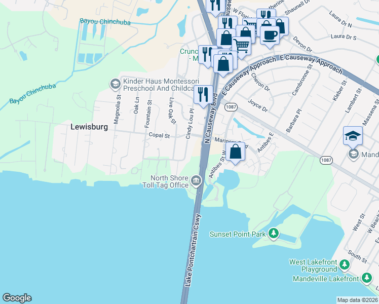 map of restaurants, bars, coffee shops, grocery stores, and more near 127 Cindy Lou Place in Mandeville