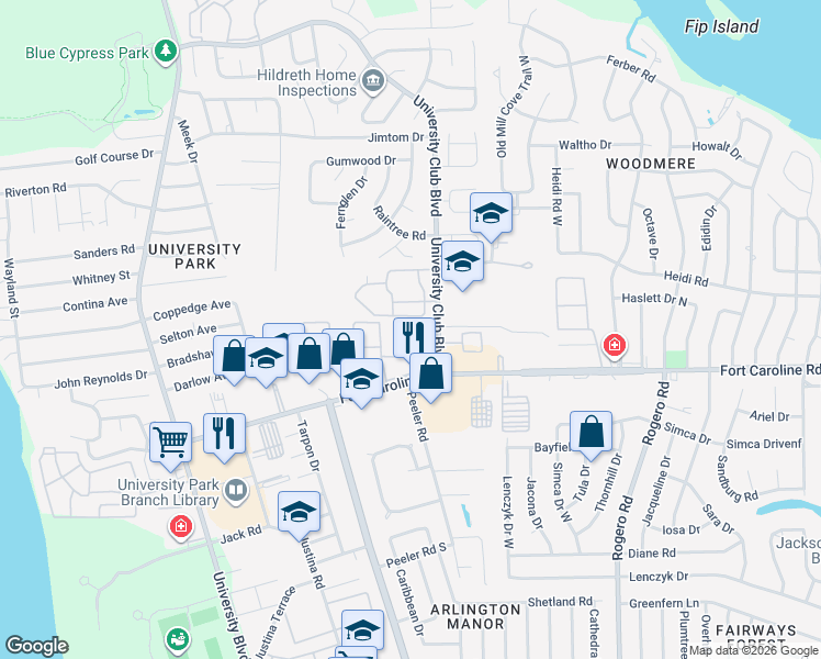 map of restaurants, bars, coffee shops, grocery stores, and more near 5959-4 5959-4 Fort Caroline Ap in Jacksonville