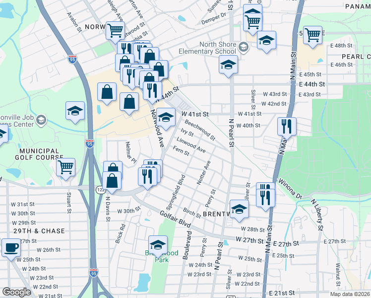 map of restaurants, bars, coffee shops, grocery stores, and more near 4546 Springfield Boulevard in Jacksonville