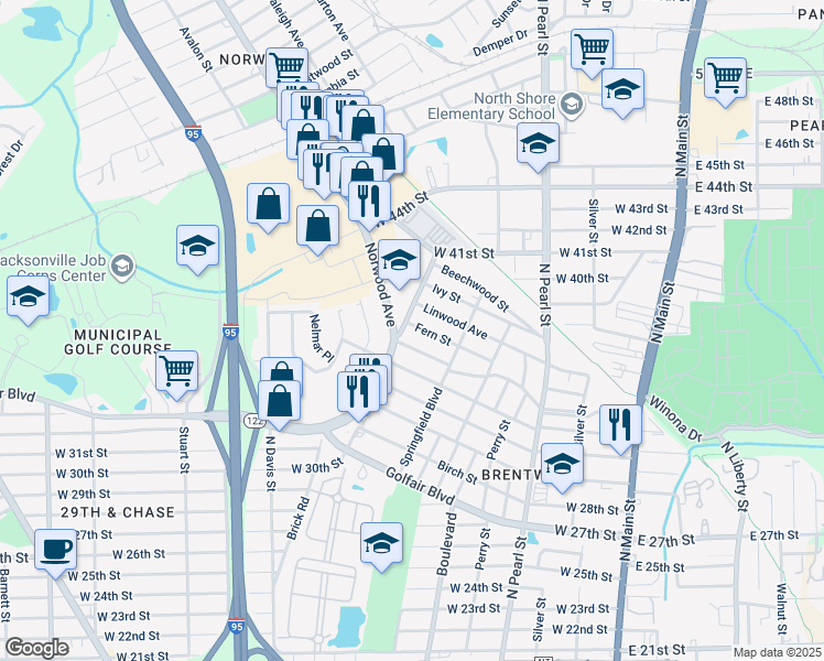 map of restaurants, bars, coffee shops, grocery stores, and more near 658 Fern Street in Jacksonville