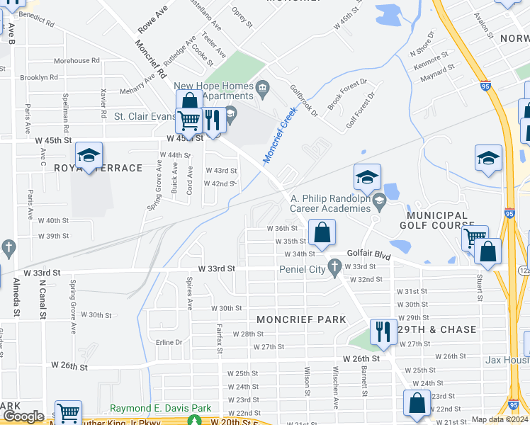 map of restaurants, bars, coffee shops, grocery stores, and more near 1649 West 36th Street in Jacksonville