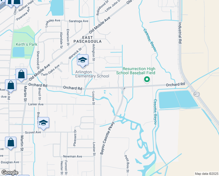 map of restaurants, bars, coffee shops, grocery stores, and more near 3011 Horn Street in Pascagoula