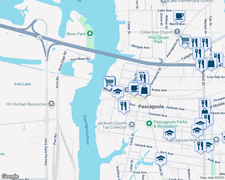map of restaurants, bars, coffee shops, grocery stores, and more near 303 Delmas Avenue in Pascagoula