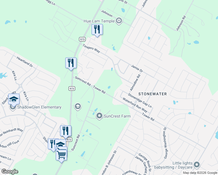 map of restaurants, bars, coffee shops, grocery stores, and more near 12101 Tower Road in Manor