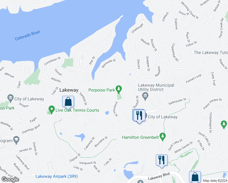 map of restaurants, bars, coffee shops, grocery stores, and more near 911 Porpoise Street in Lakeway